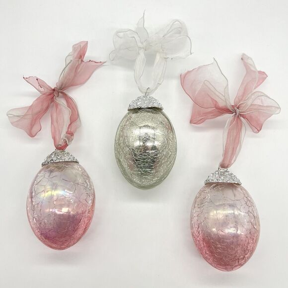 VTG Heavy Crackle Glass Egg Ornament Christmas Easter Pink Silver Kugel Lot of 3 - Picture 1 of 7